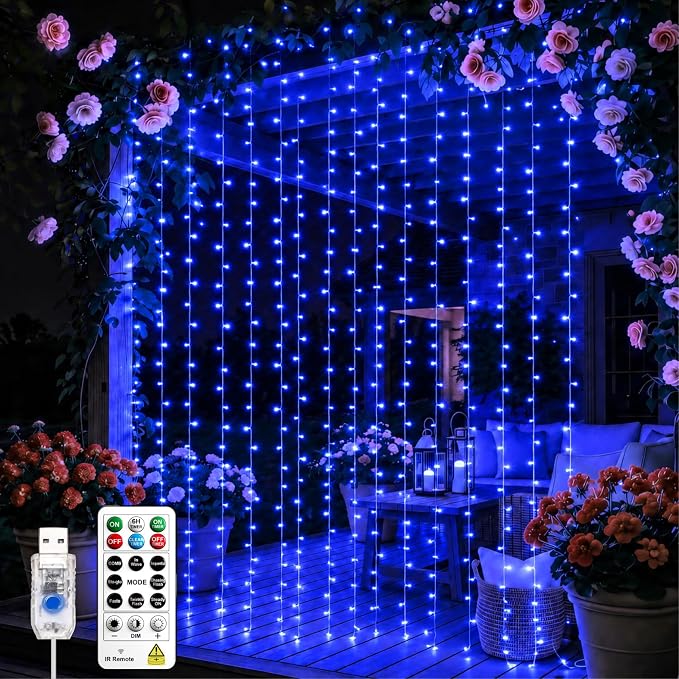 Curtain String Light, 200LED 6.6x6.6ft, Remote & 8 Modes, USB | Window Wall Hanging String Lights, For Bedroom, Wedding, Party, Home, Garden and Indoor Decorations, Blue