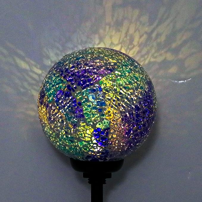 VCUTEKA Decorative Solar Garden Lights, 3.5" Mosaic Globe Outdoor Stake | Mosaic Glass Globe Design, Solar LED Light, Waterproof Design, Auto On/Off and Metal Stake Design for Lawn and Patio
