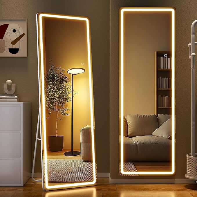 Full Length Mirror with Lights, 56" x 15.8" LED Lighted Floor Standing Body Mirror, Dimmable & 3 Color Lighting Cloakroom, Dressing Room, Tempered Glass, Rounded Corner White