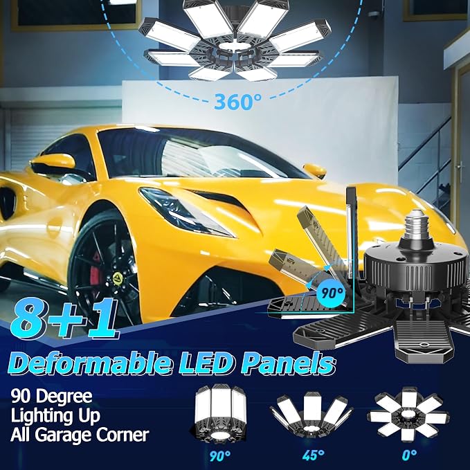 ISKYDRAW LED Garage Lights 6 Pack, 260W 26000LM Bright Shop Light | 8+1 Deformable Panels,6500K Daylight,Screw in E26/E27 Bulb Socket,Garage Lighting for Workshop Basement Barn Attic