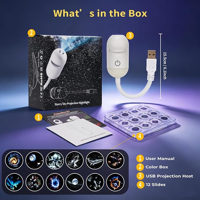 Galaxy Projector Night Light,Adjustable Focus USB Starry Sky Night Light Projector with 12 Projection Films,360° Plug and Play Hd Galaxy Star Projector for Bedroom Car,Adjustable Brightness