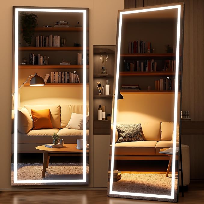 75" x 28" Full Length Mirror with Lights, LED Lighted Floor Standing Body Mirror, Dimmable & 3 Color Lighting for Bedroom, Cloakroom, Dressing Room, Tempered Glass, Black Frame