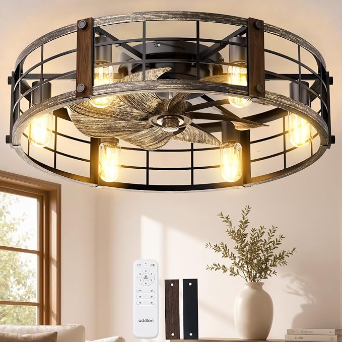 addlon 24" Caged Ceiling Fans with Lights and Remote, Low Profile Fandelier | Wider Airflow, 1/2/4/8H Timer, 6 Speeds, Reversible DC Motor, 6 E26 Sockets, Farmhouse Style, Quiet Operation