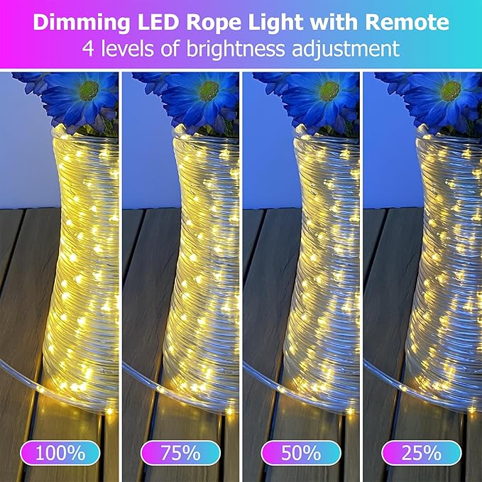 200ft LED Rope Lights 25 Colors, Outdoor IP68 Waterproof Warm White RGB Tube String Lights with 149 Modes and 4 Brightness, Rope Lights for Outside, Yard, Deck, Fiesta Party, Birthday Decorations