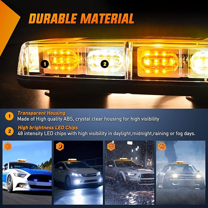 Nilight 12 Inch Roof Top Strobe Lights 48LED Hazard Light Emergency Safety Warning LED Flashing Bar Magnetic Mount 12V 24V Cars Trucks Tractors Snow Plows Construction Vehicles