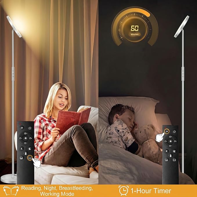 mukuxin Floor Lamp, Upgraded 40W 4000LM Super Bright Torchiere LED Floor Lamps for Living Room, Stepless Dimmable Color Temperature 2700K-6500K with Remote & Touch Control, Standing Light (Silver)