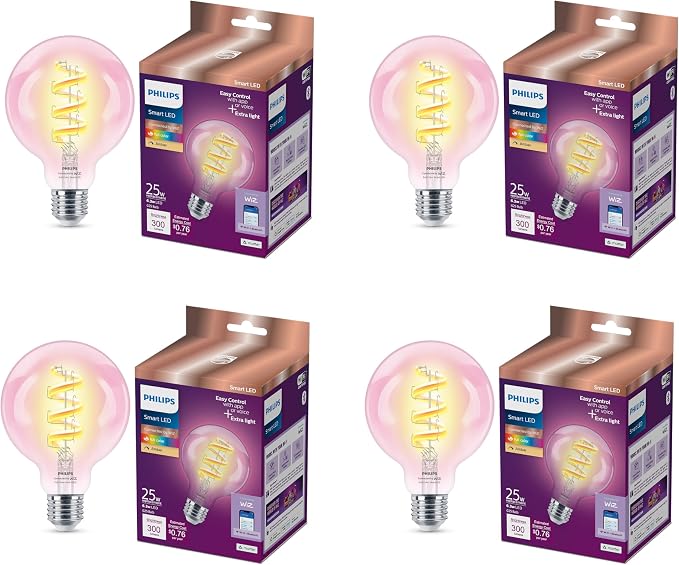 PHILIPS Smart Vintage Amber G25 25W Color Filament LED Smart Bulb 4 Pack - E26 Indoor -Connect to Your Wi-Fi - Control with Voice or App - Powered by WiZ Connected