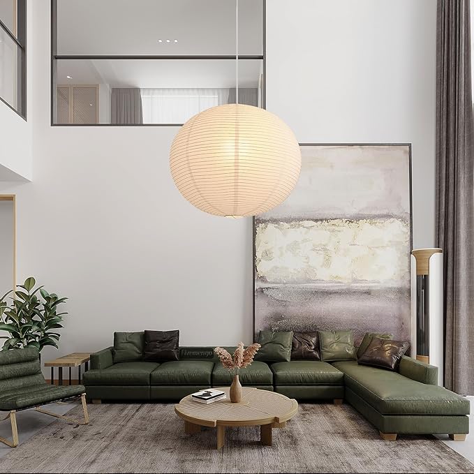 Large Rice Paper Pendant Light 2 Pack, 23.6in White Globe Paper Lantern Lights, E26 Base, Japanese Hanging Lantern Lamp Japandi Chandelier for Dining Room Bedroom Office Living Room