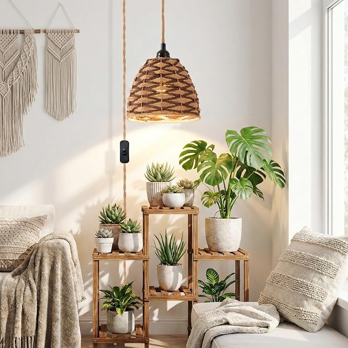 Hanging Grow Light, 30W LED Lamp with Timer for Indoor Plants | 4000K LED plant lamp with 15 ft cord, outlet timer, and boho paper rope shade for succulents, herbs, and low-light rooms.