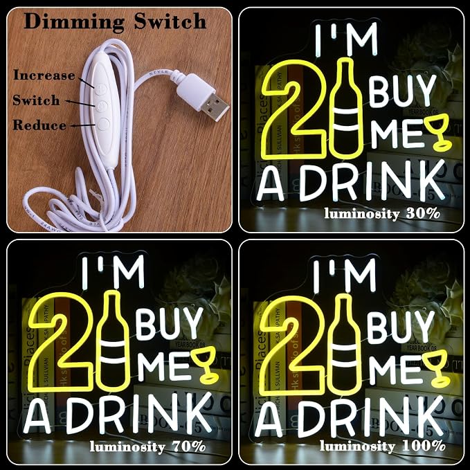 I’M 21 BUY ME A DRINK LED Neon Sign 21st Birthday Party Decor Neon Light | Twenty one Happy Birthday Glowing Lamp for Bar Pub Man cave Bedroom Home Dimmable Cheers LED for Her Him