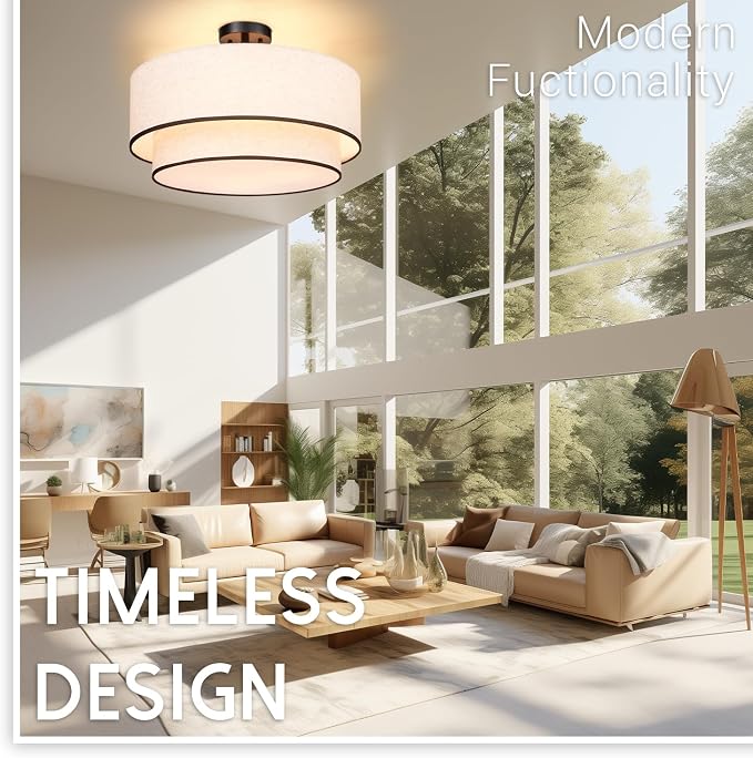 Hamilyeah 20 inch Semi Flush Mount Ceiling Light Fixture with Fabric Shade, Beige Double Layer Light Fixture with 4 Light, Modern Close to Ceiling Lighting for Living Room, Bedroom