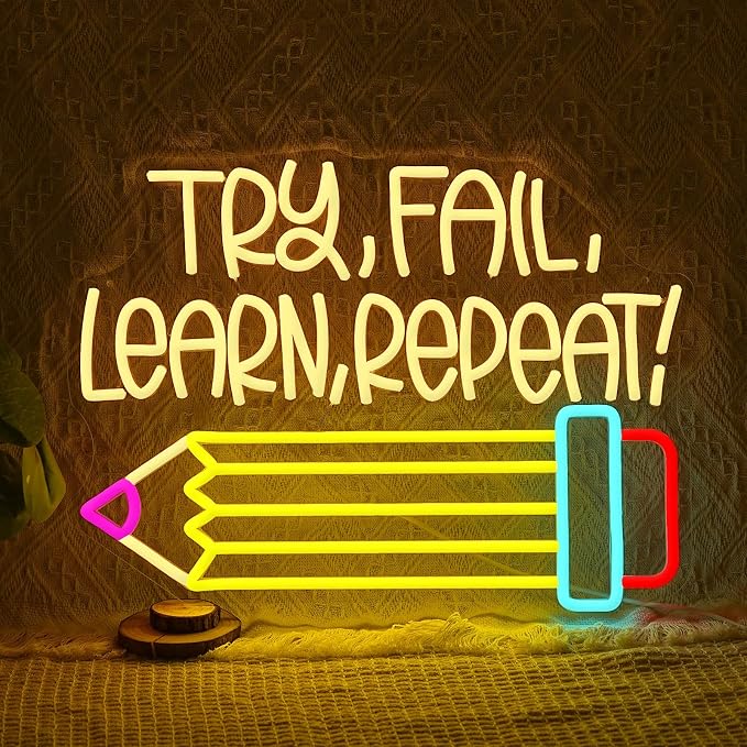 Try Fail Learn Repeat Neon Sign Pencil LED Read Books Neon Light Motivational Learning Light Up Sign for Wall Decor Office Classroom Study Room Shop Bookstore
