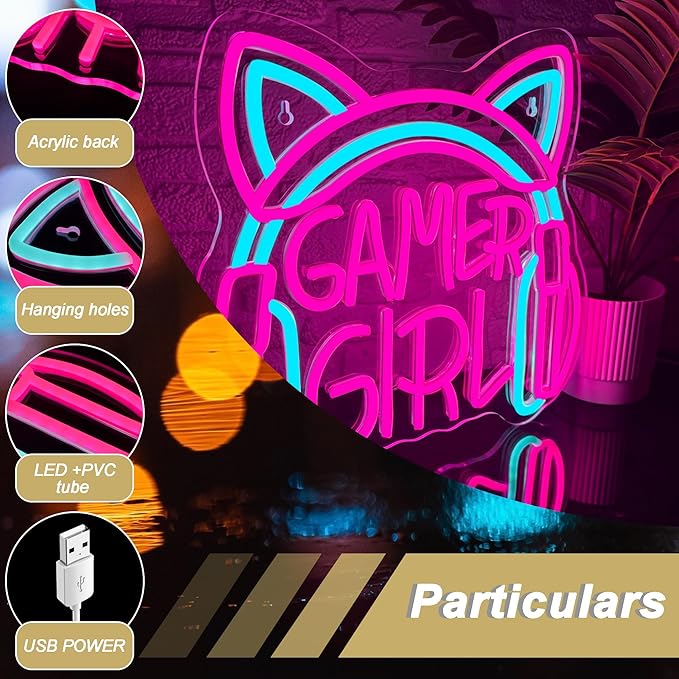 Mutank Gamer Girl Cat Headphones Neon Sign, Game Room Neon Sign USB Powered Game Headphone Sign LED Dimmable, for Gaming Room Bedrooms and Cat Ear Girl Man Caves Decor(13.3 * 12.2 In)