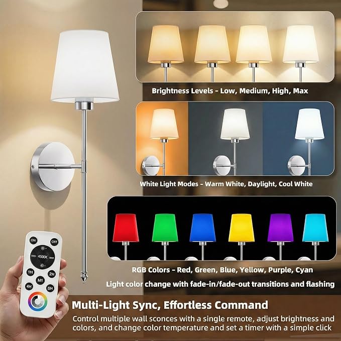 IRONPAX Wall Sconces Battery Operated Set of 2, Wireless Rechargeable Wall Sconce Set of Two, Dimmable Wall Lights with Remote for Bedroom Living Room Hallway Decor (Brushed Nickel, Fabric Shade)