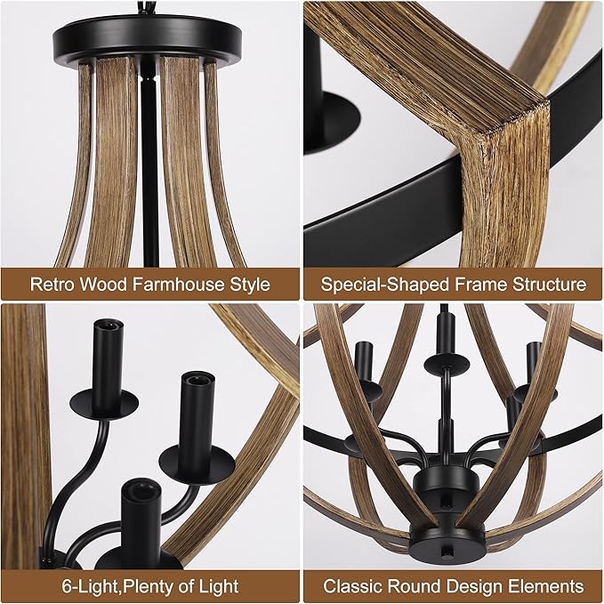 23.6" Large Farmhouse Chandeliers for Dining Room, 6-Light Adjustable Height Rustic Light fixtures for Kitchen Island Entryway Stairwell Breakfast Area, ‎Retro Wood Texture and Black Finish