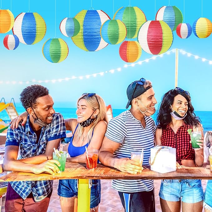 21Pcs Beach Ball Paper Lanterns Summer Luau Themed Hanging Decor - 4/6/8/10 Inch Multicolor Pool Party Decor for Outdoor Indoor Classroom Beach Birthday Party Supplies