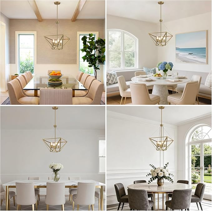 LASENCHOO 14.5" Brass Chandelier for Foyer Lighting Fixtures, 4 Lights Brushed Gold Modern Farmhouse Chandelier Lantern Geometric Pendant Light for Kitchen Island Entryway Dining Room Light Fixture