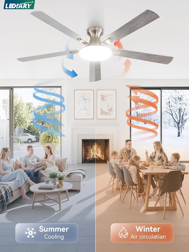 LEDIARY 60 Inch Flush Mount Ceiling Fans with Lights, Remote & APP Control | 3CCT,Stepless Dimmable,Memory Function,Timer,6-speed,Reversible Blade, Quiet DC Motor, Damp-Rated, Living Room, Covered Patio