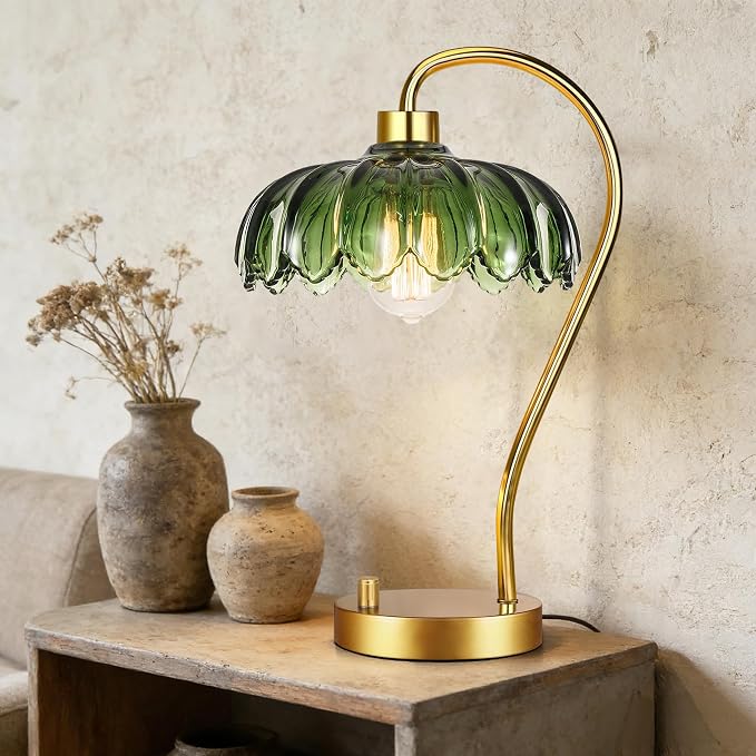 ILLMTW Flower Table Lamp for Bedroom Living Room,Small Gold Bedside Lamps Dimmable Boho Bedroom Lamp with Glass Green Lamp Shade,Vintage Mid Century Modern Mini Nightstand Lamp