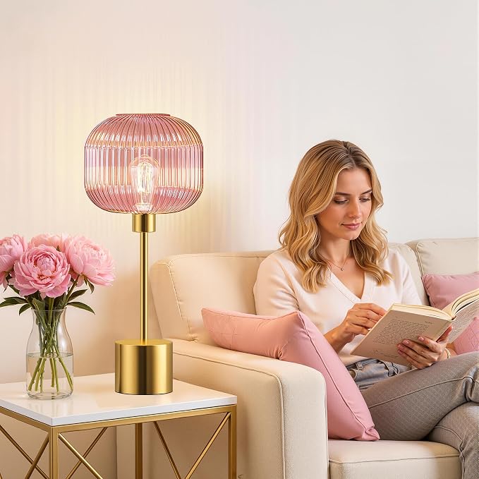 QiMH Glass Table Lamp for Living Room, Modern Bedside Lamp with Pink Ribbed Glass Shade, 3-Way Dimmable Touch Control Nightstand Lamp for Bedroom, Brushed Gold (2700K LED Bulb Included)