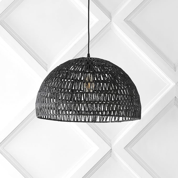 JONATHAN Y Campana 1-Light Pendant Dome Ceiling Lamp, 20", Black | Modern Coastal Farmhouse Decor, Adjustable Height, Woven Rope Metal Frame, LED Bulb Included, UL Listed