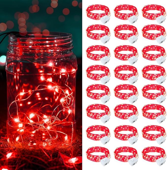 24 Pack Red Fairy Lights Battery Operated, 7ft 20 LED Mini String Twinkle Lights for Valentine's Day Easter Christmas Halloween Mason Jars Centerpiece Table Decorations (24, Red)