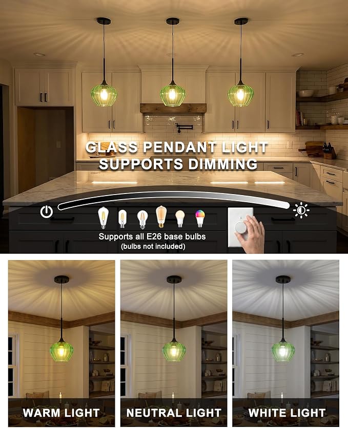 2-Pack Green Pendant Lights Kitchen Island, 7.7" Vintage Glass Pendant Lighting Fixtures Mini Hanging Light for Kitchen, Dining Room, Bathroom, Bedroom