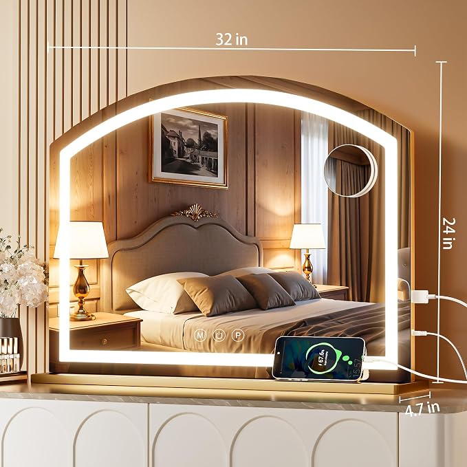 Hasipu Arch Vanity Mirror with Light, Arched Led Makeup Mirror with 10X Magnification, Tabletop Desk Mirror with USB Charging Port, Dimmable 3 Colors Mode, 32" x 24" Inch Gold