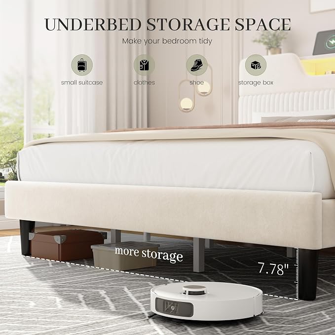 Homkdom King Bed Frame with Charging Station & Storage Headboard,White | 1USB-C & 2USB-A Charging, RGB LED Lights,7.78" Under-bed Storage,Velvet Upholstered Headboard,No Box Spring,Easy Assembly.