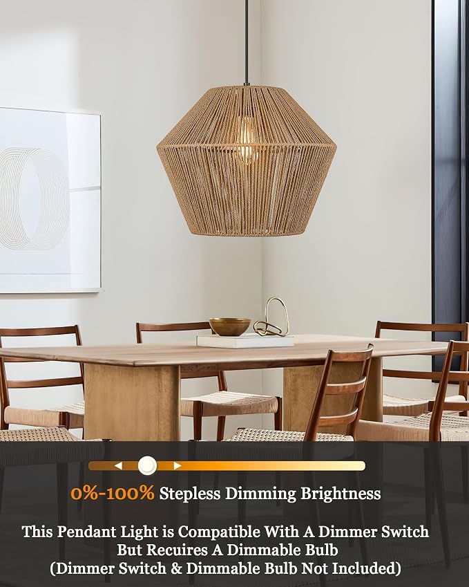 ELYONA 17” Woven Pendant Light, Modern Boho Chandelier Handwoven Rattan Basket Shade, Japandi Pendant Light Fixtures Farmhouse Ceiling Hanging Lamp for Dining Room, Kitchen Bedroom, Entryway, Foyer