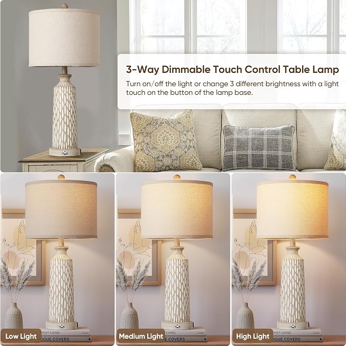 QiMH 26" Lamps for Bedroom, Farmhouse Table Lamp Set of 2, Off-White | USB A+C Charging Ports, Touch Control 3-Way Dimmable, Modern Resin Bedside Lamps for Living Room, 2700K LED Bulbs Included