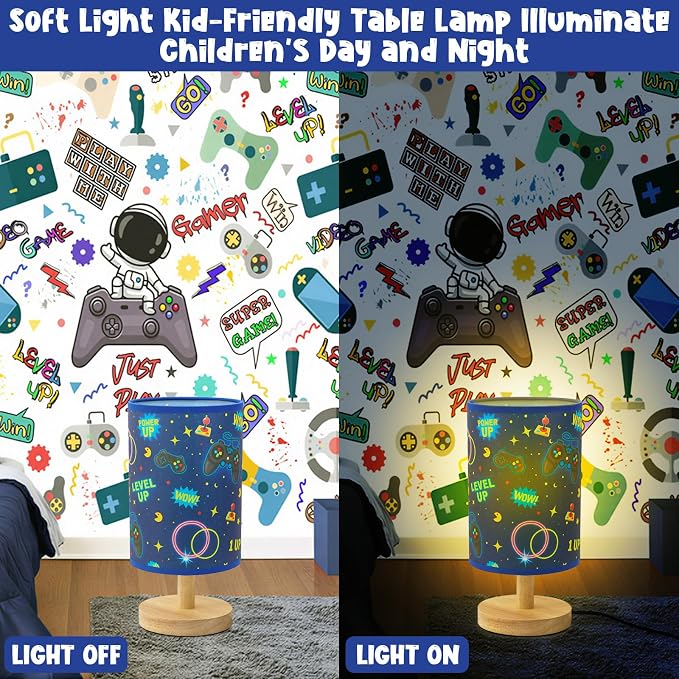 Kids Gaming Lamp for Boys Bedside Lamp with Linen Wooden Nightstand Cartoon Nursery Video Game Lampshade for Kids Gamer Decor