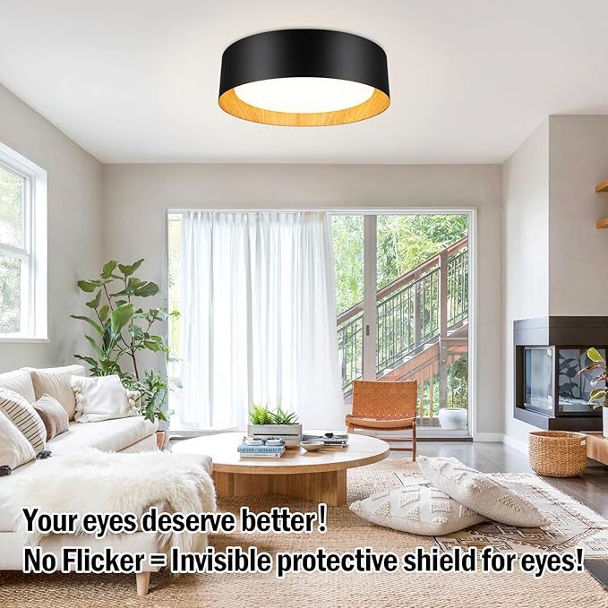 Flush Mount Ceiling Light, 13in Modern Ceiling Light 5 Color Temperature | 25W Bathroom Ceiling Light Fixture, 2600LM Dimmable LED Flush Mount Light for Bedroom, Hallway, Kitchen, Black & Wood, 2-Pack