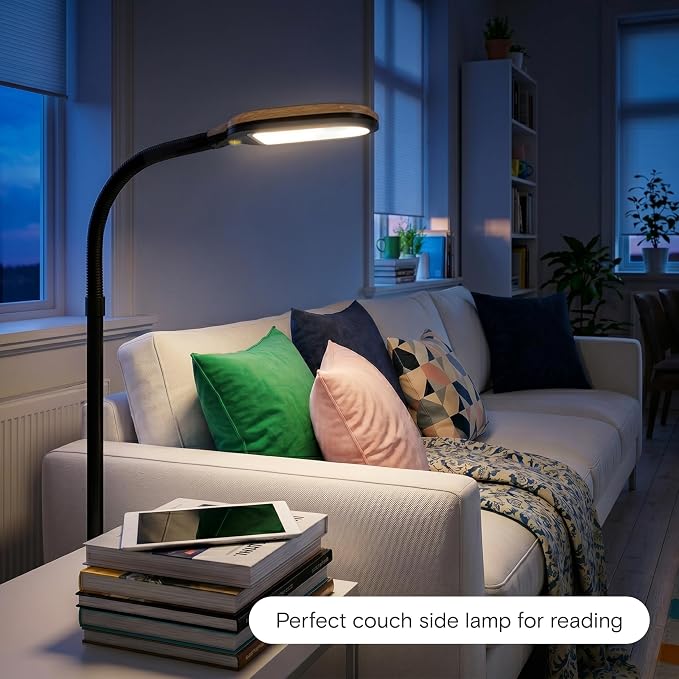 Brightech Litespan - LED Floor Reading Lamp, Modern Wooden Style, Adjustable Gooseneck, 850-950 Lumens, 12W, 3-Year Warranty