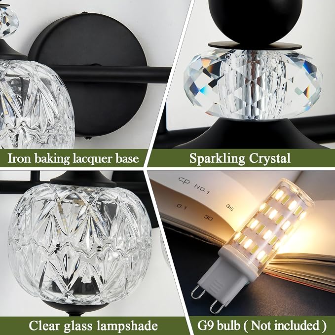 Piepooye Vintage Bathroom Light Fixtures Black Vanity Light with Glass Globe LampShade 2 Lights Mid Century G9 Bulb Wall Sconce Indoor Vanity Light Over Mirror for Kitchen Bedroom Farmhouse