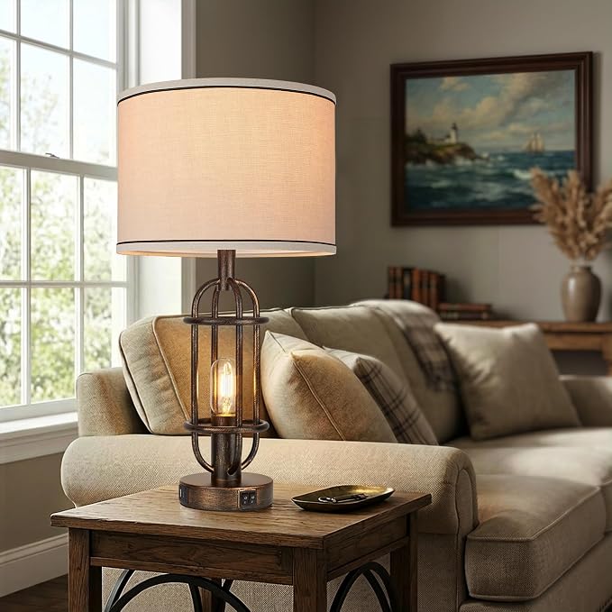 Reaketon Table Lamps for Living Room Set of 2, 22.3" Farmhouse Lamps for Nightstand, Industrial Table Lamps for Bedroom with USB Ports, Retro Bronze