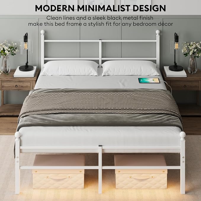 Full Size Bed Frame with Headboard - Metal Platform Bed with LED Lights, Charging Station, Under Bed Storage and Heavy Duty Steel Slats Support - No Box Spring Needed, Easy Assembly, White