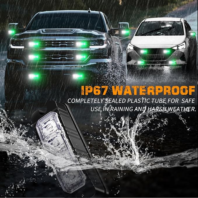 8PCS Sync Grill Strobe Lights 32 LED Green White Emergency Lights | Grille Surface Mount Warning Safety Hazard Caution Light for Tow Plow Trucks Construction Vehicles, Car, ATV, UTV, Motorcycle