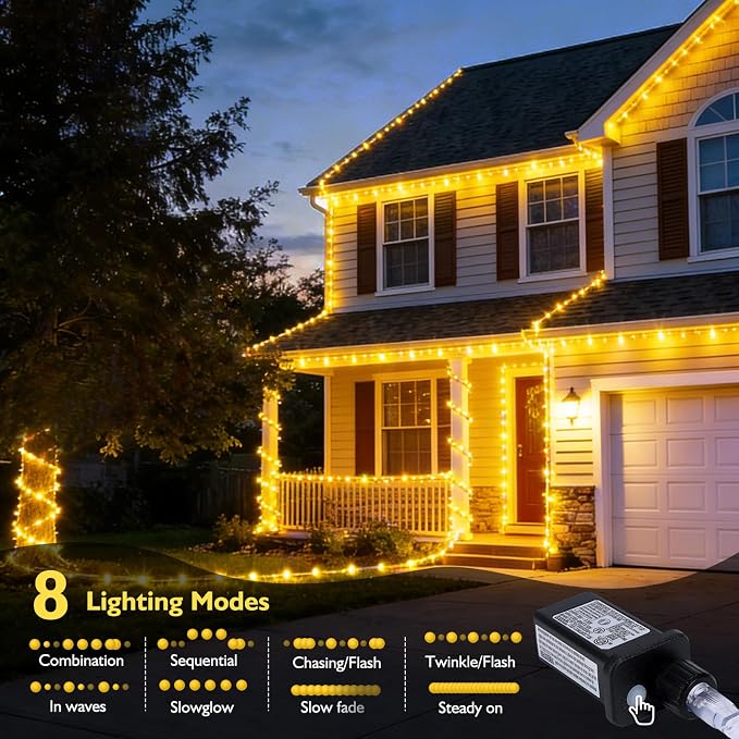 (New) 66FT 240 LED Rope Lights, Outdoor String Lights with 8 Lighting Modes, End-to-end Connectable Waterproof Clear PVC Tube Lights for Yard, Garden, Patio, Party, Indoor Outdoor Decor (Warm White)