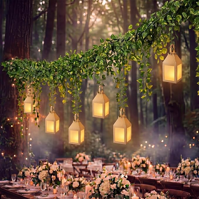 Yinder 24 Pcs Enchanted Forest Theme Decoration Set 82.68 ft Artificial Begonia Leaf Vine Paper Candle Lanterns Decor with LED String Lights for Bedroom Aesthetic Jungle Fairy Wonderland Party Favor