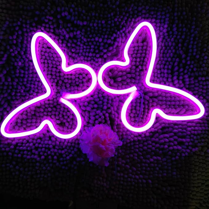 Neon Butterfly Signs 2 Pieces Purple, LED Lights for Wall Office Dorm Wedding Birthday Party Room Decor, Teen Girls Decorations, USB or 3-AA Battery Powered
