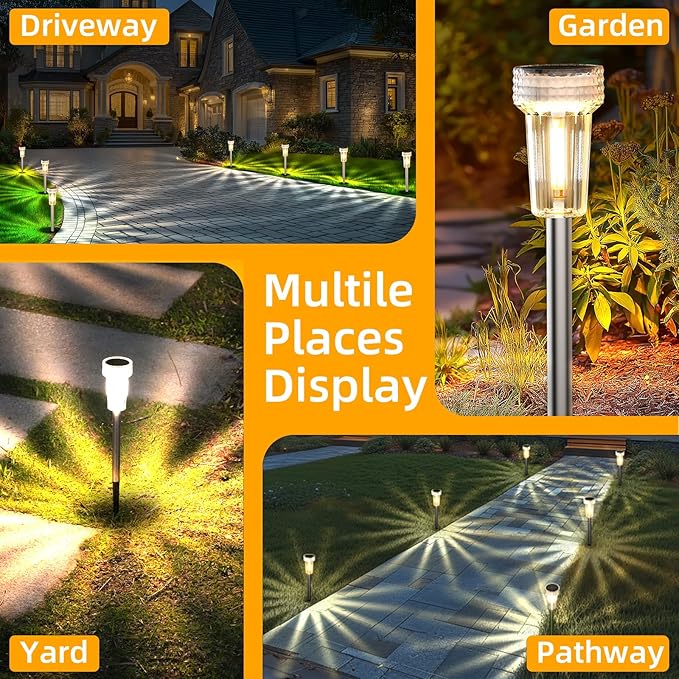 DERAYSION Solar Lights Outdoor, 8 Pack Solar Pathway Lights Dusk-to-Dawn Garden Lighting, Waterproof LED Stainless Steel Pole, Outdoor Solar Lights for Path Walkway Yard Driveway Decor - Warm White
