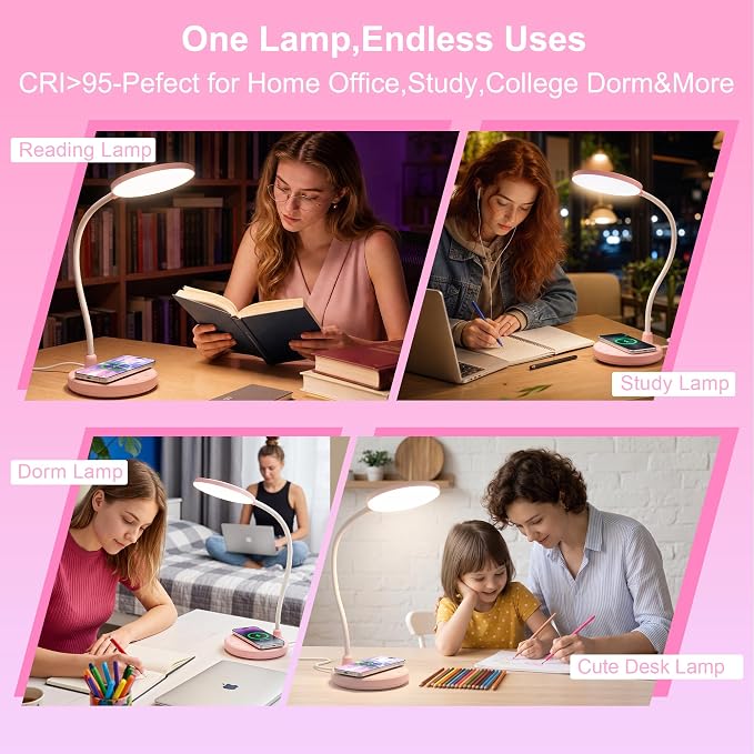 Pink Desk Lamp, Cute Desk Lamp for Girls, Wireless Charger, Dorm | 3 Color Modes, Stepless Dimming Desk Light, 360°Flexible Neck Table Lamp for Bedside Reading, Kids Room, with Adapter
