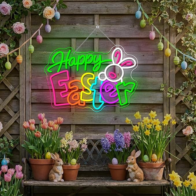 Happy Easter Neon Sign Bunny Neon Light Up Easter Decor Indoor for Home Living Room Windows Spring Decor LED Bunny Sign Rabbit Themed Gifts for Teens Families in Family Games