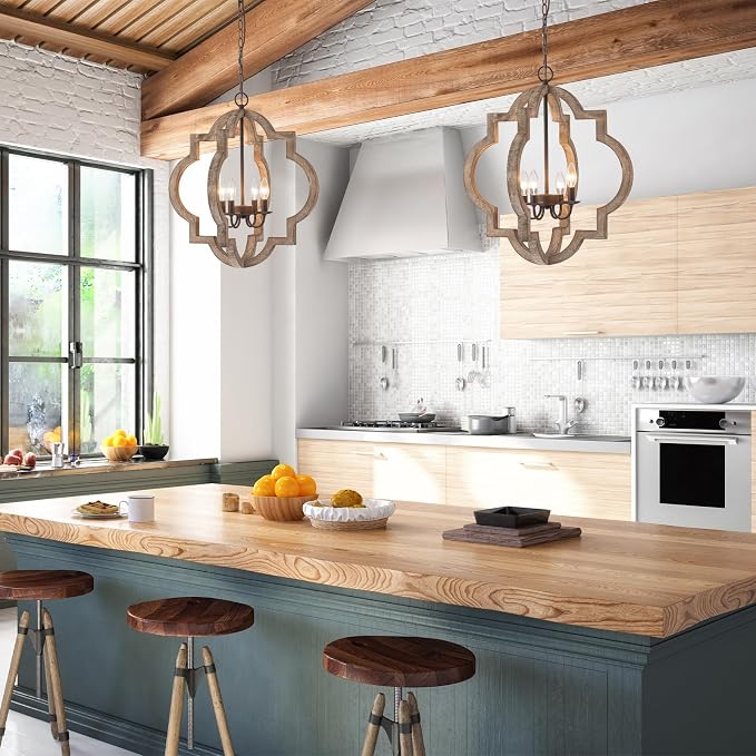 22" Farmhouse Chandelier Orb Distressed Wood Oak Dining Room Light Fixture | Rustic Country Style,Large Lantern, 4-Light Hanging Pendant Light For Foyer Entryway Kitchen Island Bedroom Over Table