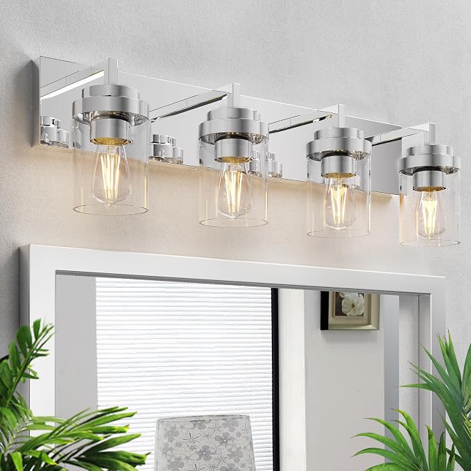Chrome Light Fixtures, 4 Light Bathroom Vanity Light with Clear Glass Shade, 30 in Modern Vanity Light, Bathroom Lighting Fixtures Over Mirror for Living Room