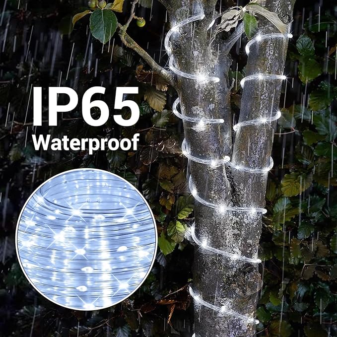 Vigdur 66FT Solar Rope Lights Outdoor - 200 LEDs Cool White Rope Lights Outdoor Waterproof with Remote & Timer & 8 Lighting Modes, Solar Trampoline Light for Pool Tree Garden Yard Home Camping