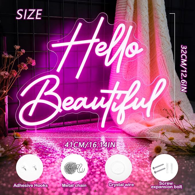 Hello Beautiful Neon Sign Pink Neon Sign Wall Decor Bedroom Beauty Room | Dimmable LED Pink Neon Light for Vanity Room Beauty Salon Makeup Lash Room Bachelorette Boutique Wedding Decor Gift for Girls