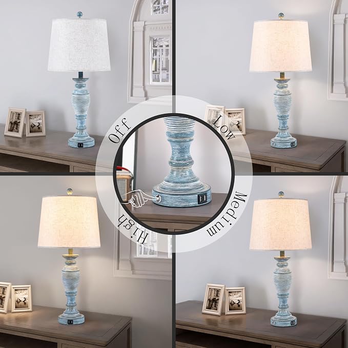 27.7” Farmhouse Table Lamps for Living Room, Blue&White, Set of 2 | Table Lamps for Bedroom, Nightstands, Office, Bedside, 3 Way Dimmable Touch Contorl, USB A+C Ports, Bulbs Included