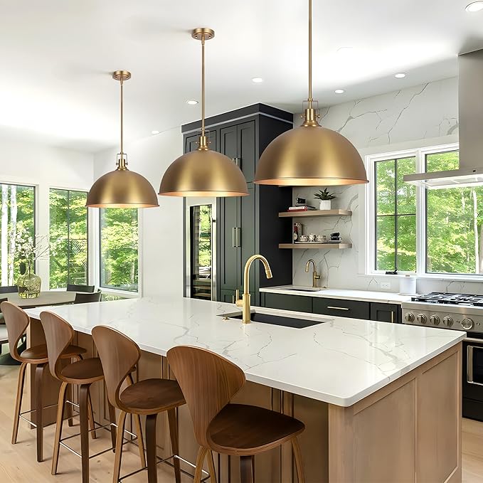 LamQee 18 Inch Brushed Gold Large Pendant Light Kitchen Island, Farmhouse Modern Dome Pendant Light Fixtures Ceiling Hanging Lighting Chandelier for Dining Room Over Table, Bar, Hallway, Entryway